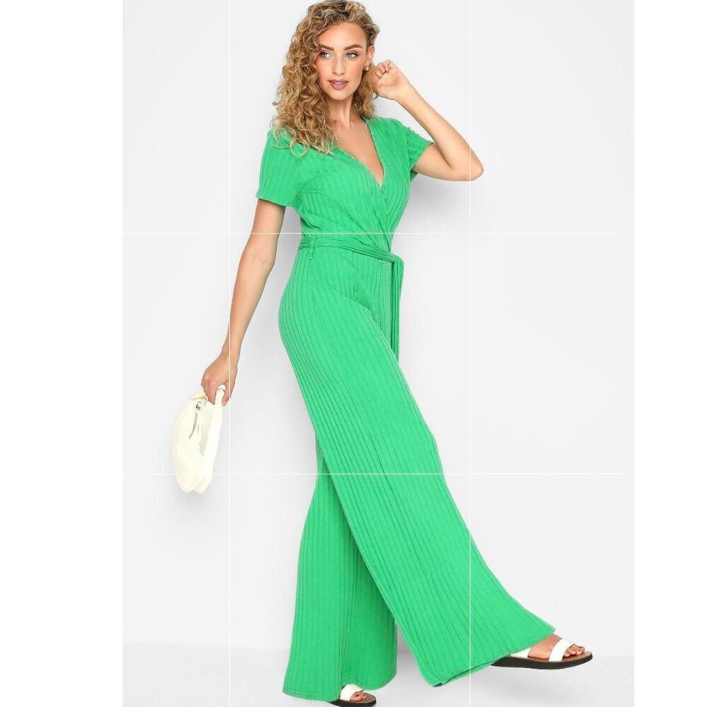 Long Tall Sally Green Ribbed Wrap Jumpsuit Tall US 14–16